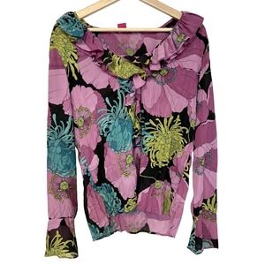 Sunny Leigh Peony Floral Print Blouse Pink Long Sleeve size Medium